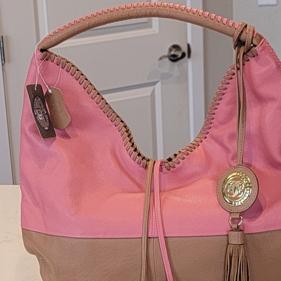 New with Tag Sharif 1825 Genuine Leather Pink Brown Hobo Tassels Shoulder Bag - Picture 10 of 16